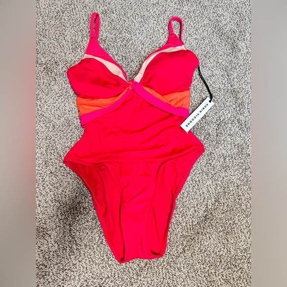 One Piece Swimsuit Pink and Orange Robin Piccone Hi Cut Cheeky Plunge 3425 Tags - Picture 5 of 12